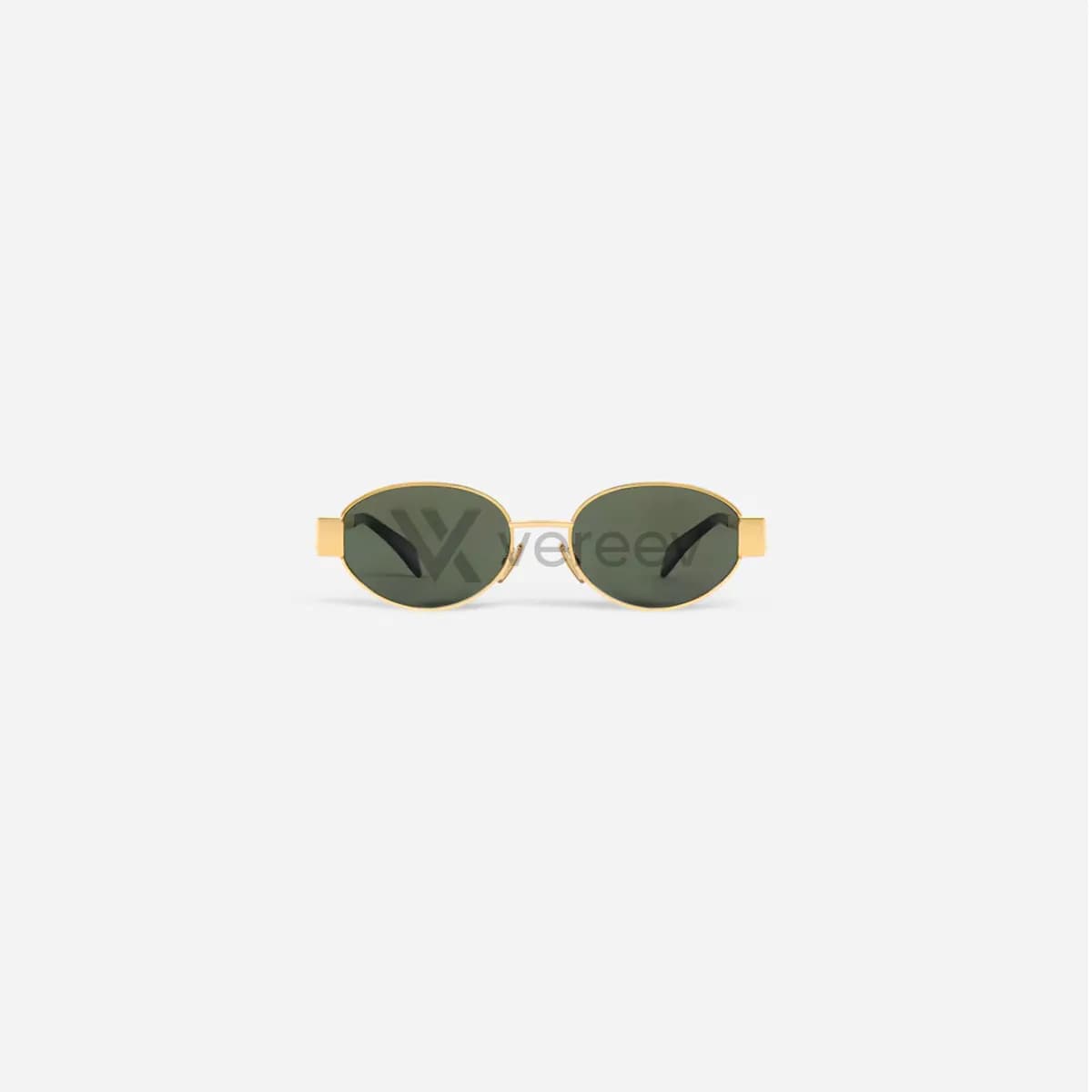 Sample photo for eyewear: gold metal Celine sunglasses with green lenses, from the front