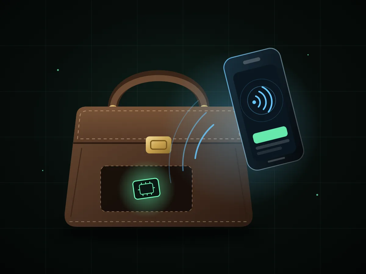 Illustration of a phone held close to a luxury handbag, with NFC signal waves reaching a small chip inside the bag